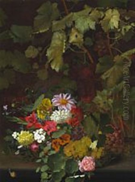 Still Life With Flowers And Vine Leaves Oil Painting by Otto Didrik Ottesen