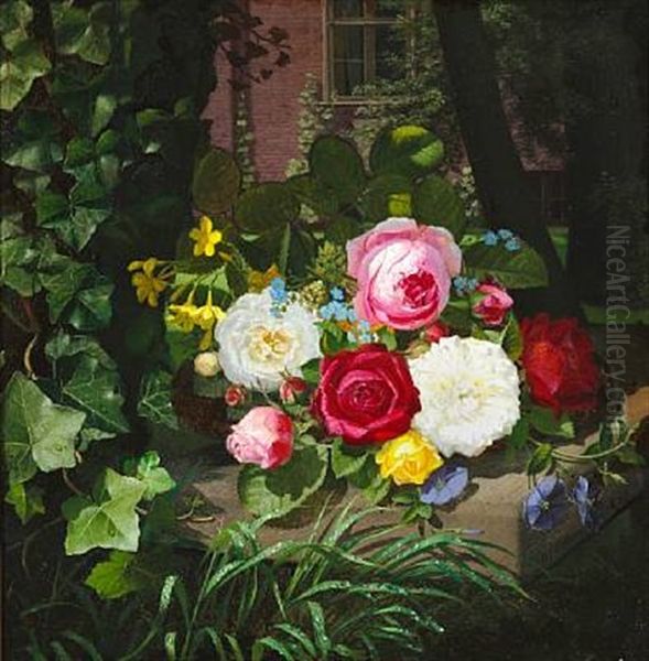 Still Life With Roses, Bindweed And Forget-me-nots In A Basket On A Bench In A Garden Oil Painting by Otto Didrik Ottesen