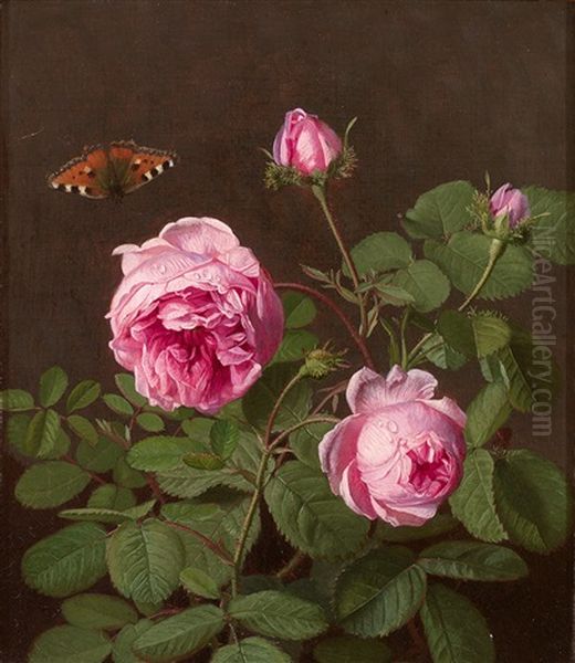 Rosenbluten Mit Tautropfen Und Schmetterling Oil Painting by Otto Didrik Ottesen