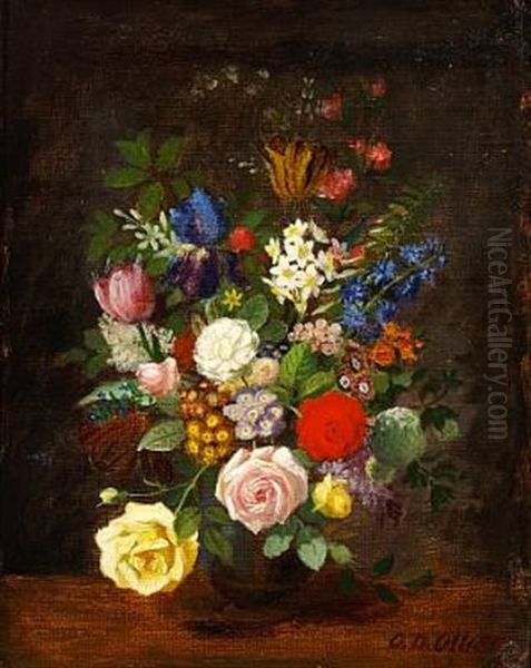 A Bunch Of Roses, Primula And Hyacinthin A Vase Oil Painting by Otto Didrik Ottesen