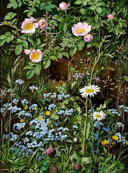 Dog Roses, Forget-me-not, Daisies, Buttercups And Clover. In The Centre A Bird's Nest With Eggs Oil Painting by Otto Didrik Ottesen