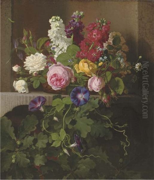 A Basket Of Flowers On A Ledge Oil Painting by Otto Didrik Ottesen