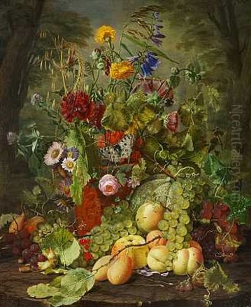 Opstilling Med Markblomster I En Terrakottavase Og Forskellige Frugter Pa En Traestub I Skovbunden Oil Painting by Otto Didrik Ottesen