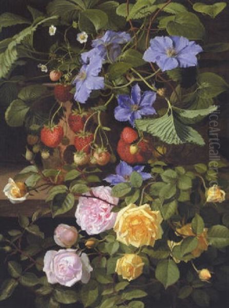 En Jordbaerplante Sammen Med En Clematis Samt En Gul Og Rod Rose I Et Vaexthus by Otto Didrik Ottesen