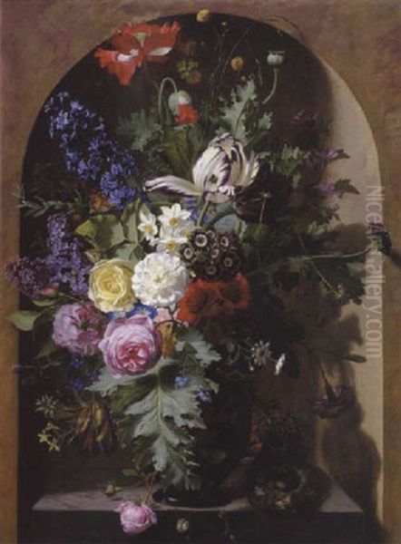 Brogede Blomster I Vase I En Niche. Ved Vasens Fod En Rede Med Aeg Oil Painting by Otto Didrik Ottesen