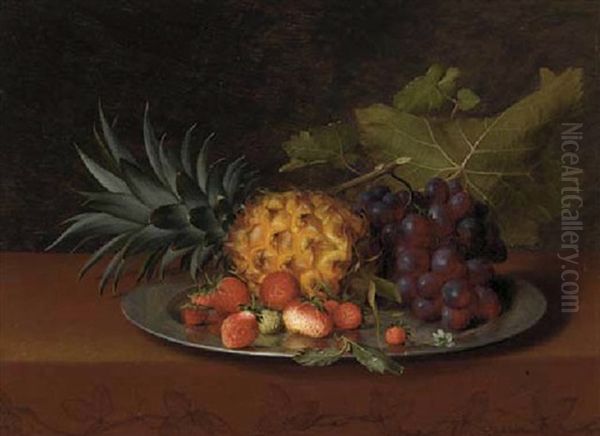 A Pineapple, Strawberries And Grapes On A Pewter Platter Oil Painting by Otto Didrik Ottesen