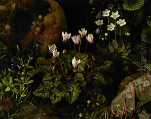 Blomstrende Skovbund Med Alpevioler Og Lyng Oil Painting by Otto Didrik Ottesen