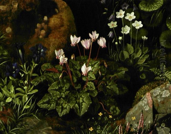 Blomstrende Skovbund Med Alpevioler Og Lyng Oil Painting by Otto Didrik Ottesen