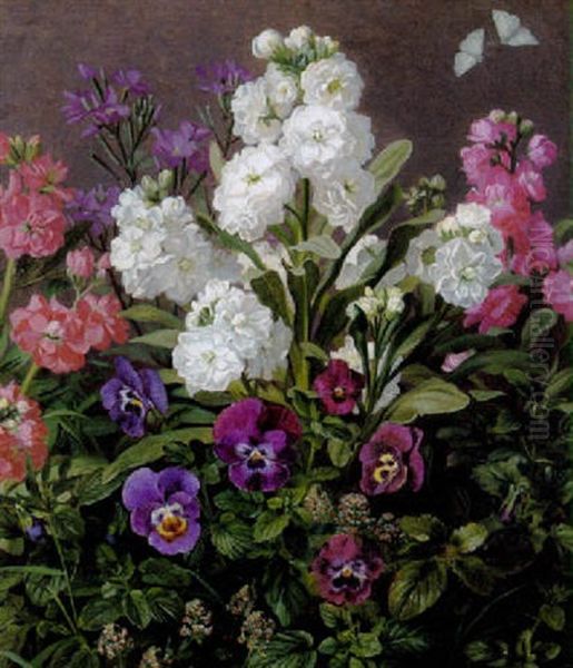 Opstilling Med Purpurfarvede Stedmoderblomster, Hvide Og Lyserode Levkojer Og Flyvende Kalsommerfugle Oil Painting by Otto Didrik Ottesen