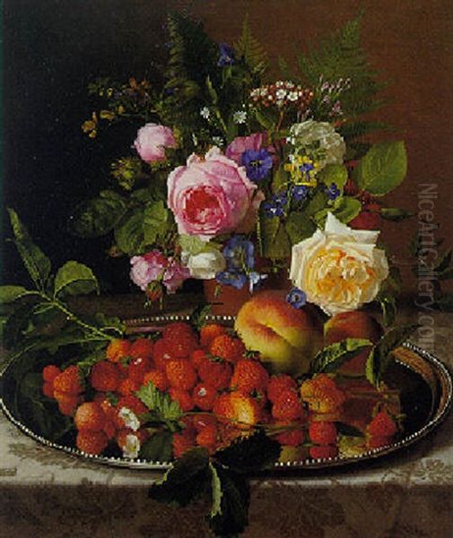 Still Life With Roses And Strawberries On A Silver Salver Oil Painting by Otto Didrik Ottesen