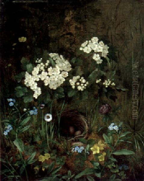 Birdsnest In A Bed Of Wildflowers Oil Painting by Otto Didrik Ottesen