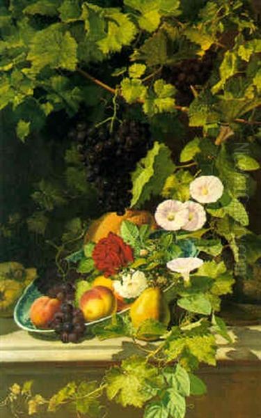 Still Life With Fruit And Flowers Under A Grape Vine Oil Painting by Otto Didrik Ottesen