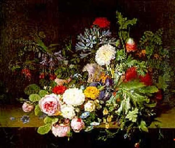 A Still Life Of Flowers In Basket On A Stone Ledge Oil Painting by Otto Didrik Ottesen