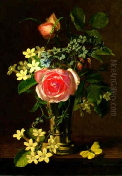 Still Life With Pink Roses, White And Blue Flowers Oil Painting by Otto Didrik Ottesen