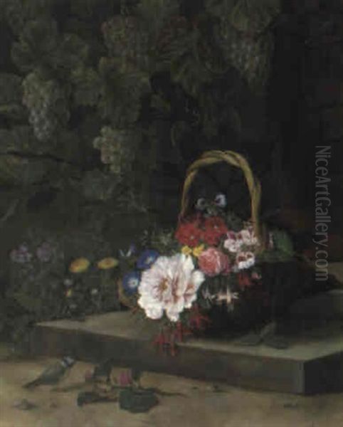 Kurv Med Brogede Blomster, I Baggrunden Vinl+v Oil Painting by Otto Didrik Ottesen