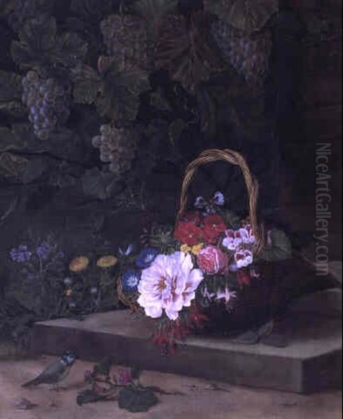 Kurv Med Brogede Blomster, I Baggrunden Vinl+v Oil Painting by Otto Didrik Ottesen