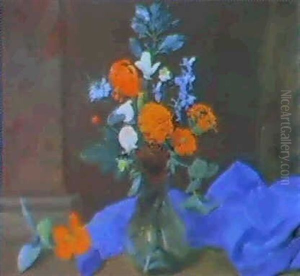 A Still Life Of Sweet Peas, Marigolds, Lichnis, Love-in-a-  Mist, Violas And Other Flowers In A Glass Vase... Oil Painting by Otto Didrik Ottesen