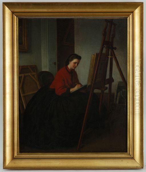 Femme Artiste Dessinant Devant Son Chevalet Oil Painting by Melchior Blanchard