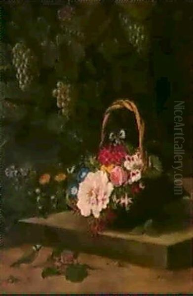 Kurv Med Brogede Blomster, I Baggrunden Vinlov Oil Painting by Otto Didrik Ottesen