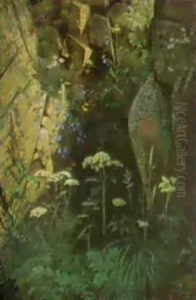 En Klippegrotte Pa Kullen. Gjedestue Kaldet, Omgivet Af     Markblomster Oil Painting by Otto Didrik Ottesen