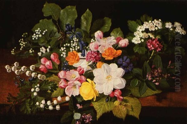 A Bouquet Of Spring Flowers Ona Ledge Oil Painting by Otto Didrik Ottesen