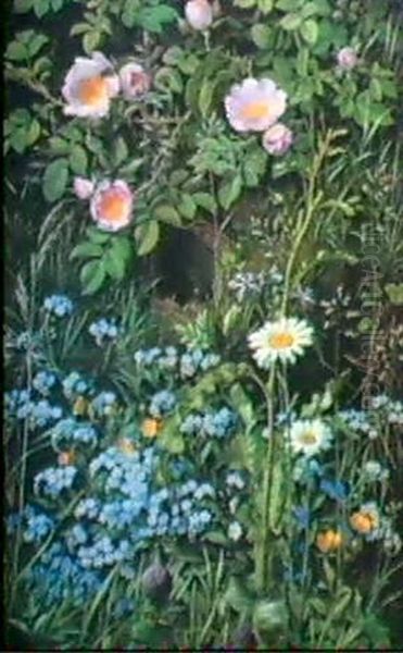 Wild Roses, Daisies, Buttercupforget-me-not And A Skylark's Nest. Oil Painting by Otto Didrik Ottesen