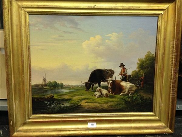 Troupeau Et Son Vacher Dans Un Paysage Au Moulin Oil Painting by August Ferdinand Ottevaere