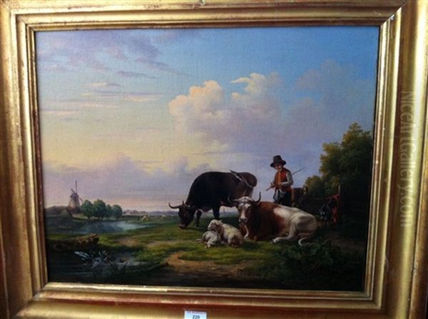 Troupeau Et Son Vacher Dans Un Paysage Au Moulin Oil Painting by August Ferdinand Ottevaere