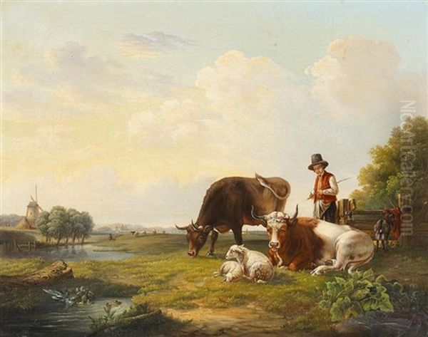 Hollandische Weidelandschaft Mit Vieh Oil Painting by August Ferdinand Ottevaere