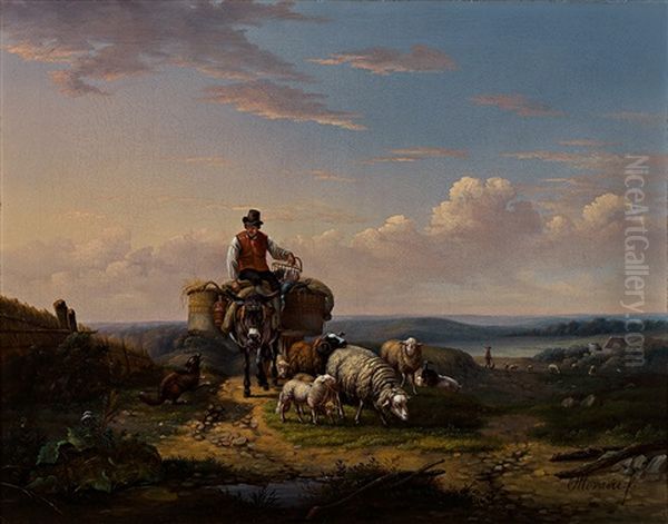 Bauer Auf Bepacktem Esel Mit Schafen Auf Dem Weg Zum Markt Oil Painting by August Ferdinand Ottevaere