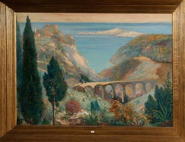 Vue Du Viaduc D'eze Oil Painting by Henri Ottevaere