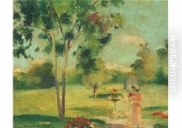 Dame Met Parasol In Een Zonbeschenen Park Oil Painting by Henri Ottmann