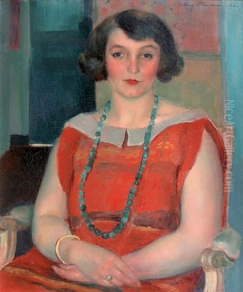 Jeune Femme Assise A La Robe Rouge, 1924 Oil Painting by Henri Ottmann