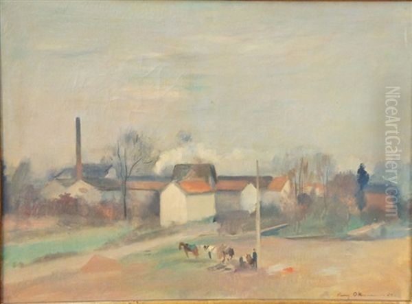 Vue D'un Village Animee De Chevaux Et Personnages Oil Painting by Henri Ottmann