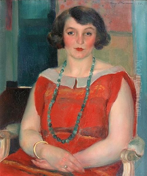 Jeune Femme Assise A La Robe Rouge Oil Painting by Henri Ottmann