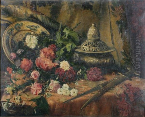 Nature Morte Aux Fleurs Et Aubrule-parfum Oil Painting by Pascal Blanchard