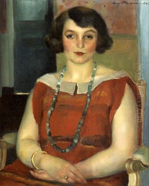 Femme Assise Au Collier De Perles Vertes Oil Painting by Henri Ottmann