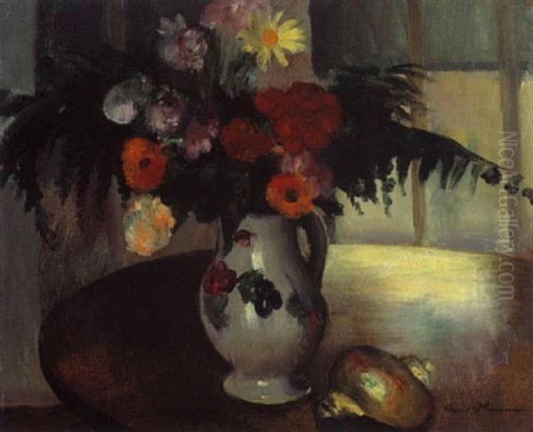 Nature Morte Aux Fleurs Et Coquillage Oil Painting by Henri Ottmann