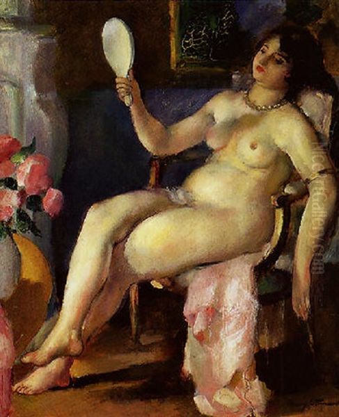 Nu Assis Au Miroir Oil Painting by Henri Ottmann