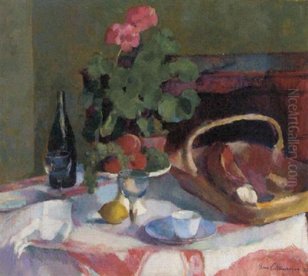 Un Geranium En Pot Avec Des Fruits, Du Pain Et Une Bouteille De Von Sur La Table Oil Painting by Henri Ottmann