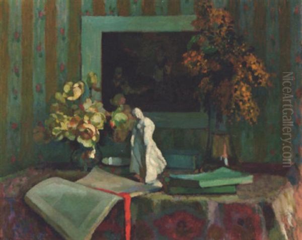 A Chinese Ornament With Books, And Vases Of Flowers On A Table by Henri Ottmann