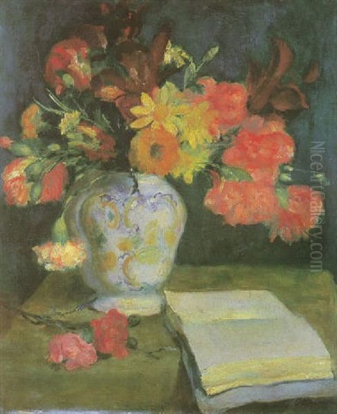 Nature Morte Au Vase De Fleurs Et Au Livre Oil Painting by Henri Ottmann