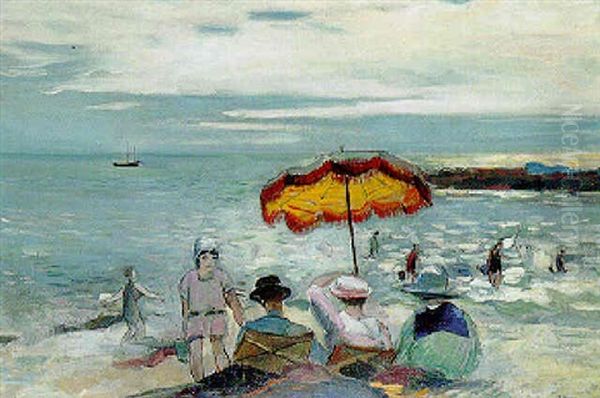 Famille Au Bord De La Mer Oil Painting by Henri Ottmann