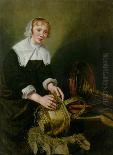 A Servant Girl Scouring A Brass Bucket Oil Painting by Willem van Oudekerken