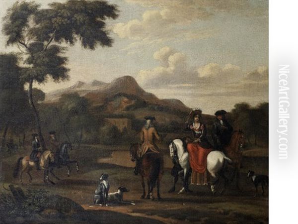 Elegant Figures On Horseback On A Country Path Oil Painting by Evert Oudendijck