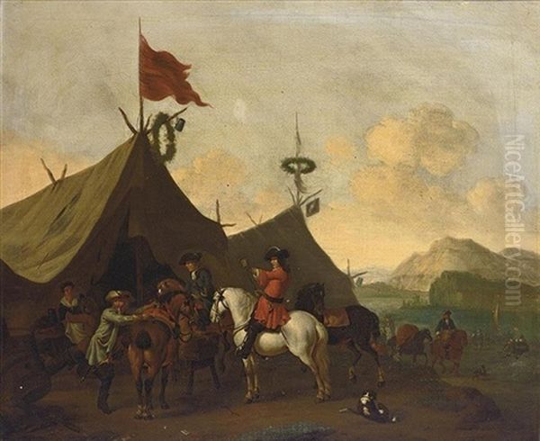 Soldiers Resting Outside Their Encampment In An Italianate Landscape (+ A Cavalry Battle Scene In An Italianate Landscape; Pair) Oil Painting by Evert Oudendijck