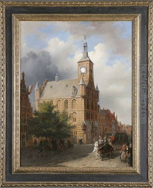 Einzug Der Kavallerie In Die Stadt Mit Zuschauern Am Strasenrand Oil Painting by Wilhelmus Cornelis Chimaer Van Oudendorp