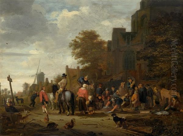 Village In A Landscape With A Fish Market Oil Painting by Johannes Dircksz Oudenrogge