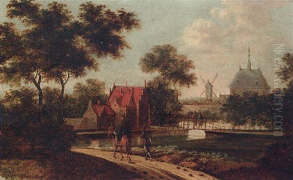 Travellers On A Track Before A Canal, A Mansion And Windmill Beyond Oil Painting by Johannes Dircksz Oudenrogge