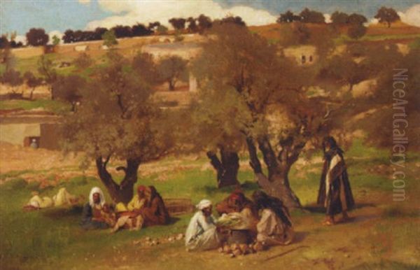 Arab Figures Seated With Their Harvest Beyond The Village Oil Painting by Pierre Jan van der Ouderaa